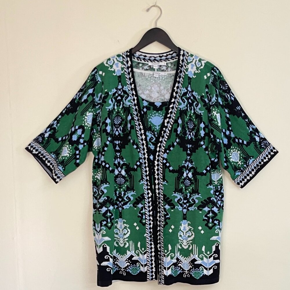 Chico's Open Front Linen Blend Cardigan Tribal Bohemian Print Green Black, Large - Picture 3 of 10